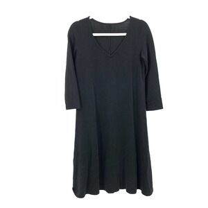 Eileen Fisher Women Size Medium Dress 3/4 Sleeve V Neck Black Wool Stretch